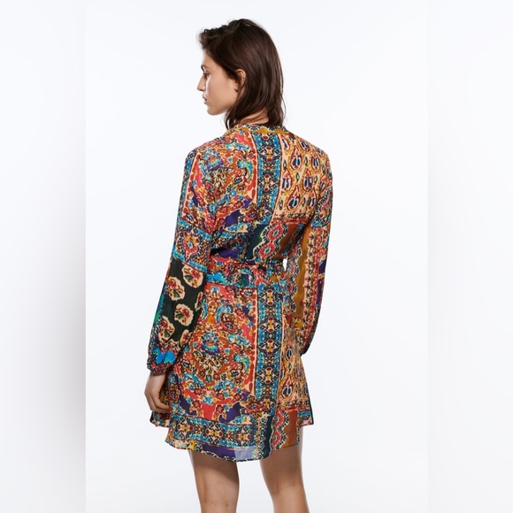 Zara Multicolor Paisley Boho Fit & Flare Long Sleeves Mini dress with belt S - Picture 3 of 11